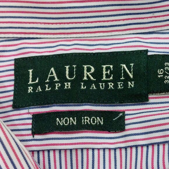 Lauren Ralph Lauren Men's 16 32/33 Non-Iron Shirt Red Blue Striped Business - Picture 3 of 10